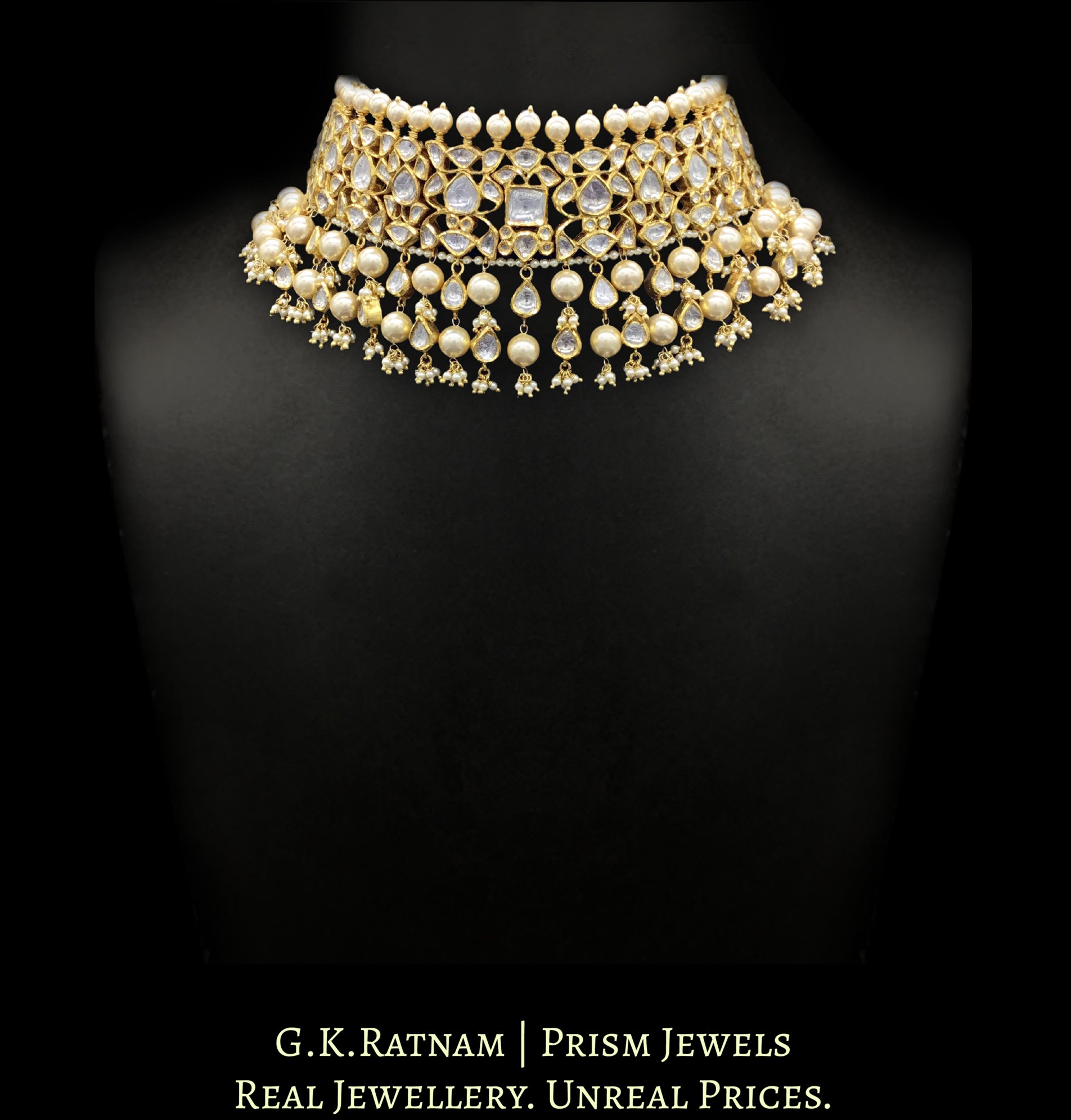 18k Gold and Diamond Polki Choker Necklace with shiny pearls alternating with uncut drops - G. K. Ratnam