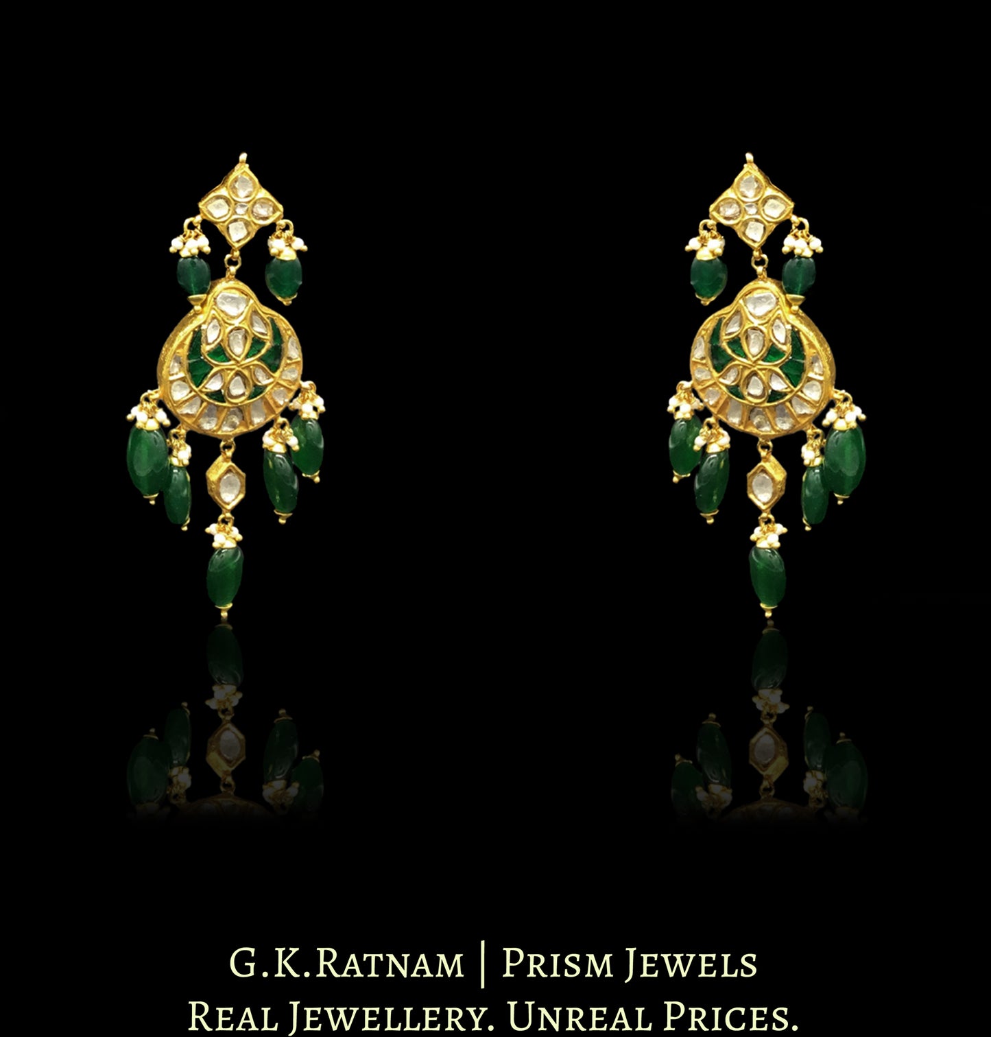 23k Gold and Diamond Polki Necklace Set with alternating green and uncut elements - G. K. Ratnam