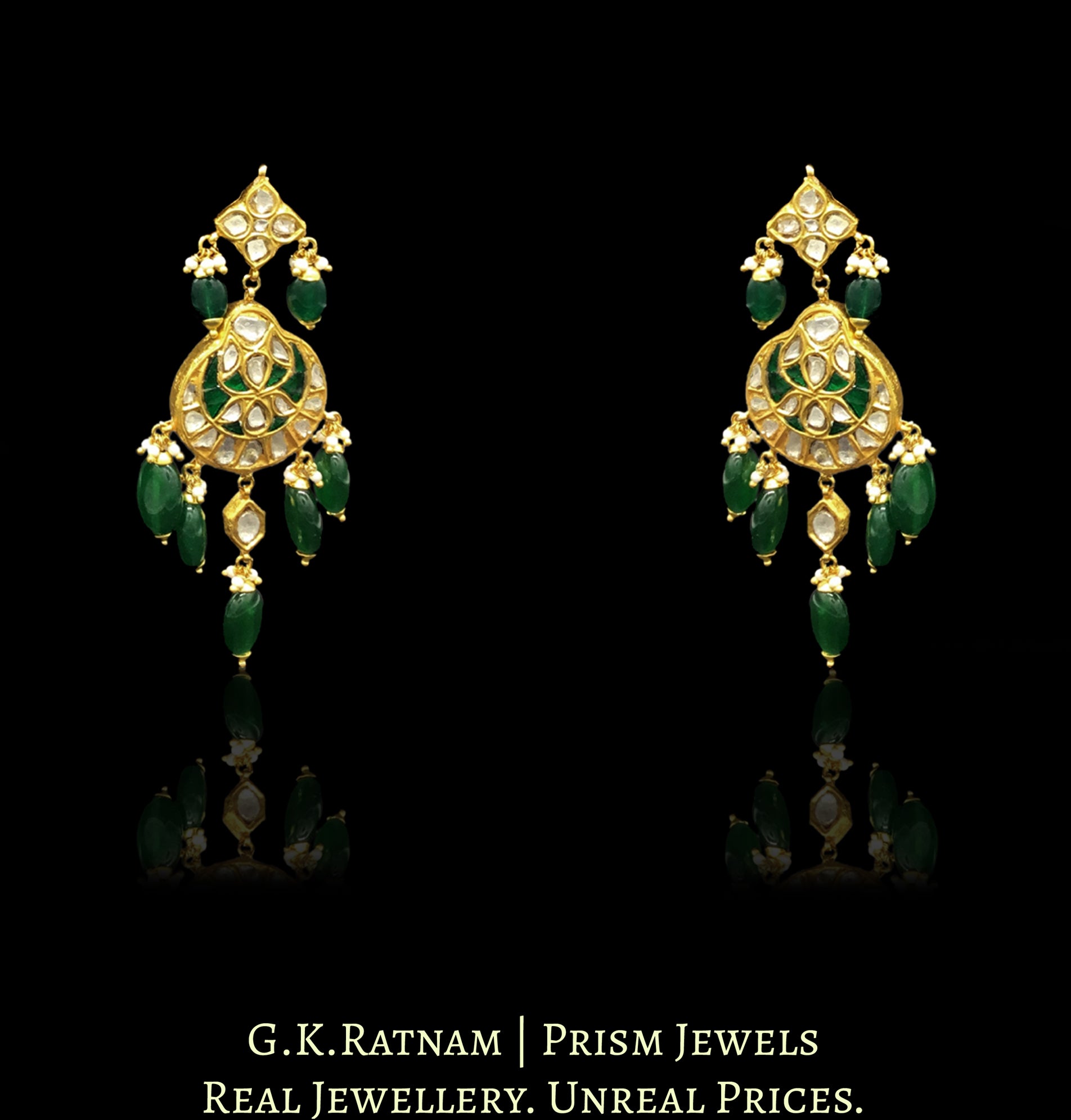 23k Gold and Diamond Polki Necklace Set with alternating green and uncut elements - G. K. Ratnam