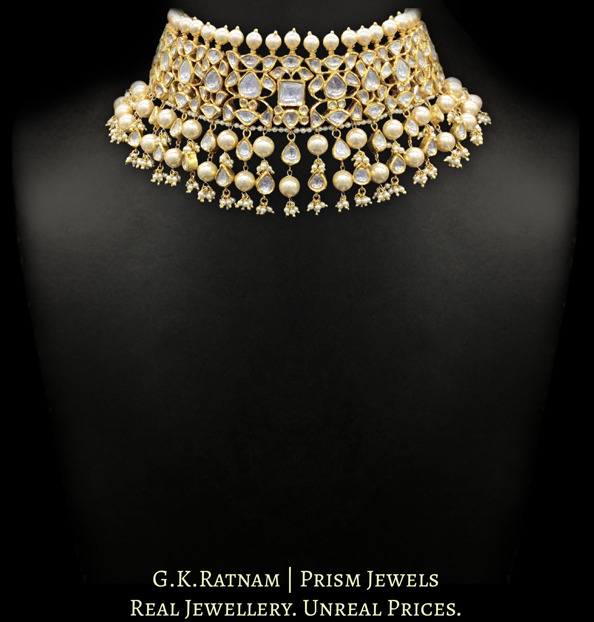 18k Gold and Diamond Polki Choker Necklace with shiny pearls alternating with uncut drops - G. K. Ratnam