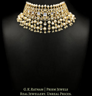 18k Gold and Diamond Polki Choker Necklace with shiny pearls alternating with uncut drops - G. K. Ratnam