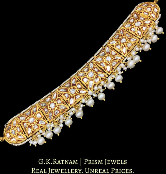 23k Gold and Diamond Polki Choker Necklace with antiqued hyderabadi pearls and corals - G. K. Ratnam