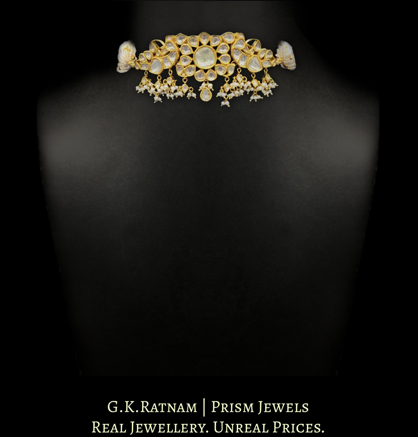 18k Gold and Diamond Polki Choker Necklace with Peacock (mor) Motifs and Natural Hyderabadi Pearls - G. K. Ratnam