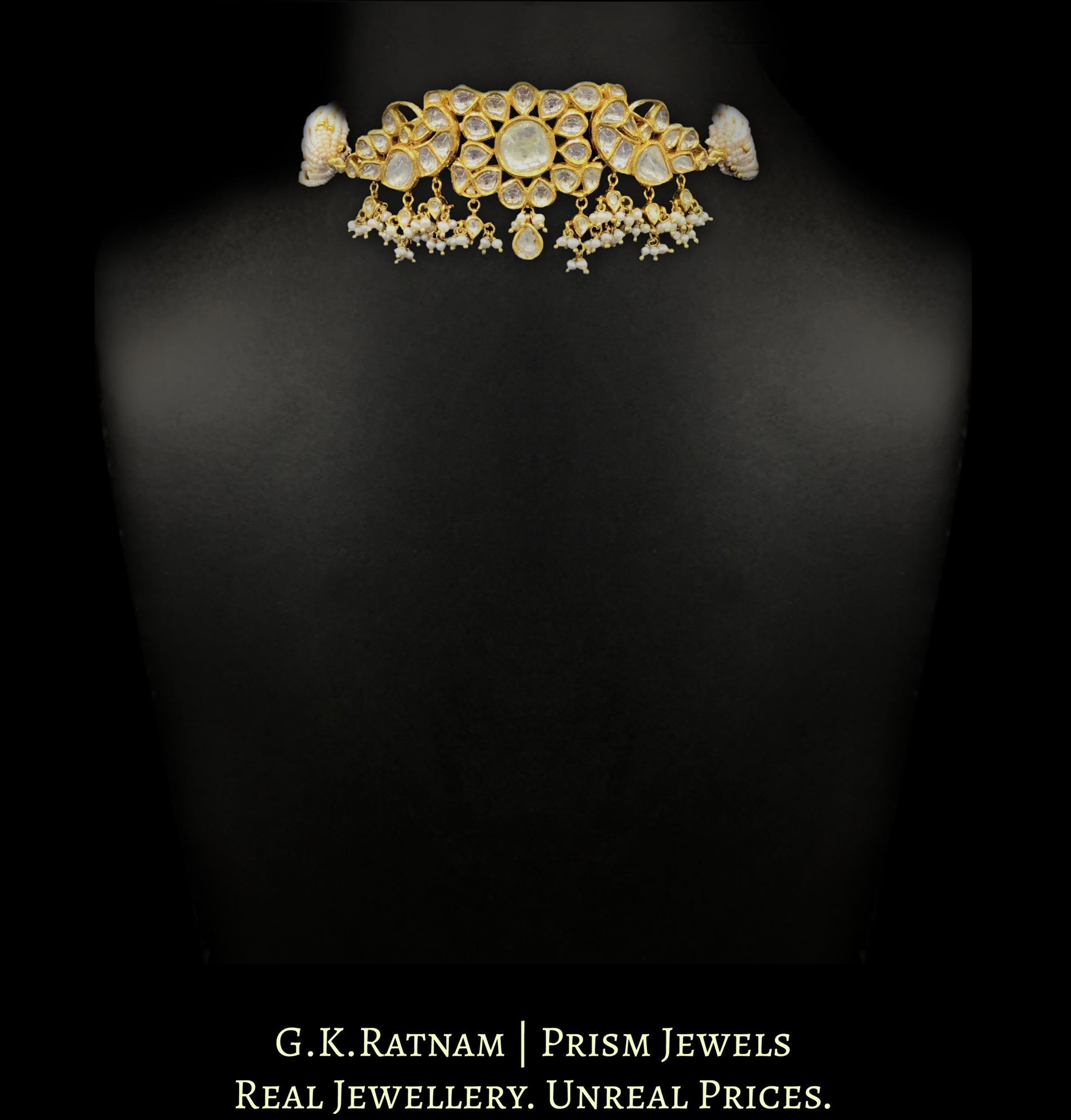 18k Gold and Diamond Polki Choker Necklace with Peacock (mor) Motifs and Natural Hyderabadi Pearls - G. K. Ratnam