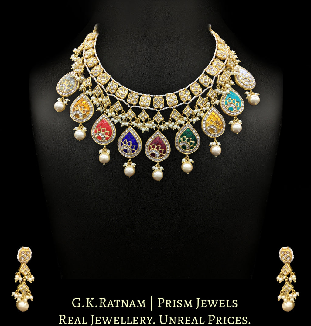 23k Gold and Diamond Polki Necklace Set with pear-shaped Navratna Hangings - G. K. Ratnam