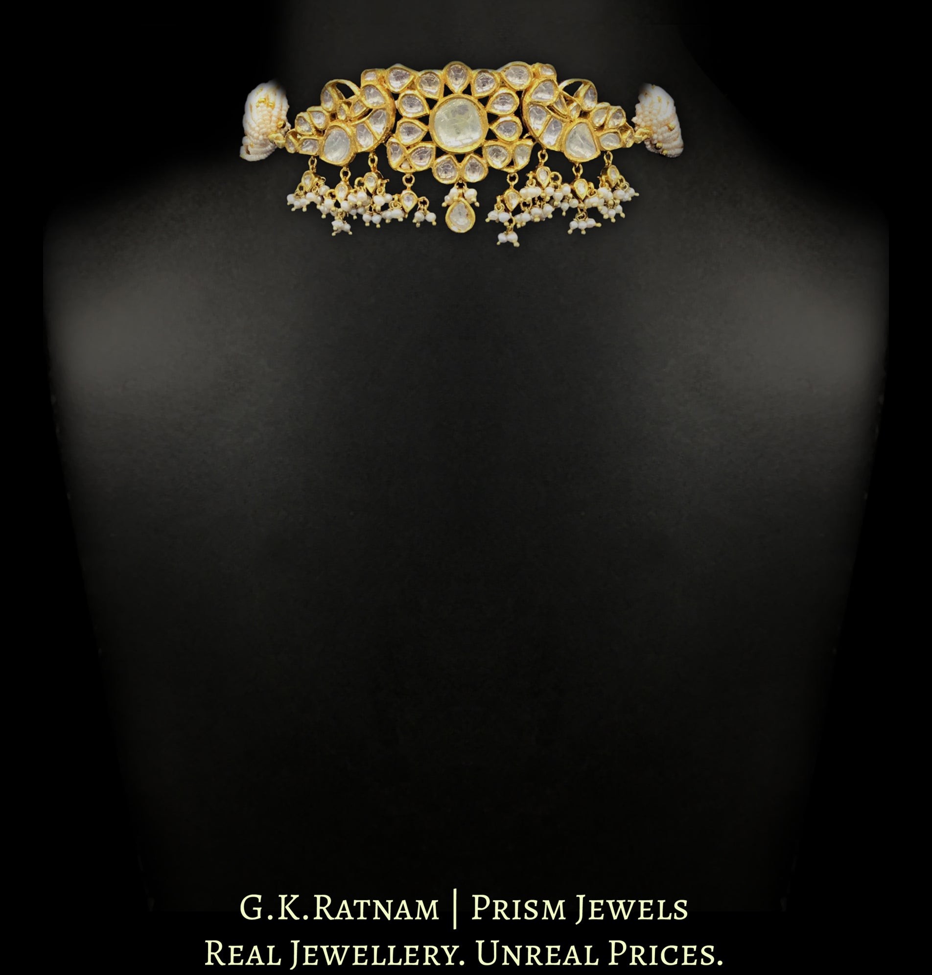18k Gold and Diamond Polki Choker Necklace with Peacock (mor) Motifs and Natural Hyderabadi Pearls - G. K. Ratnam