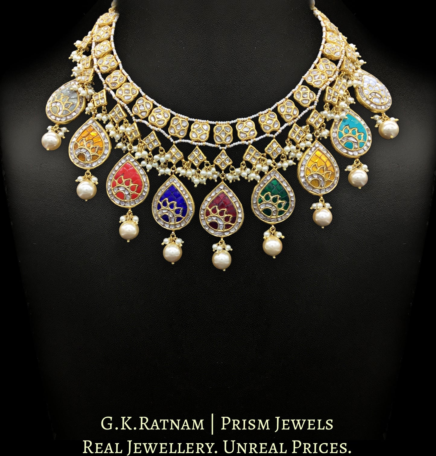 23k Gold and Diamond Polki Necklace Set with pear-shaped Navratna Hangings - G. K. Ratnam