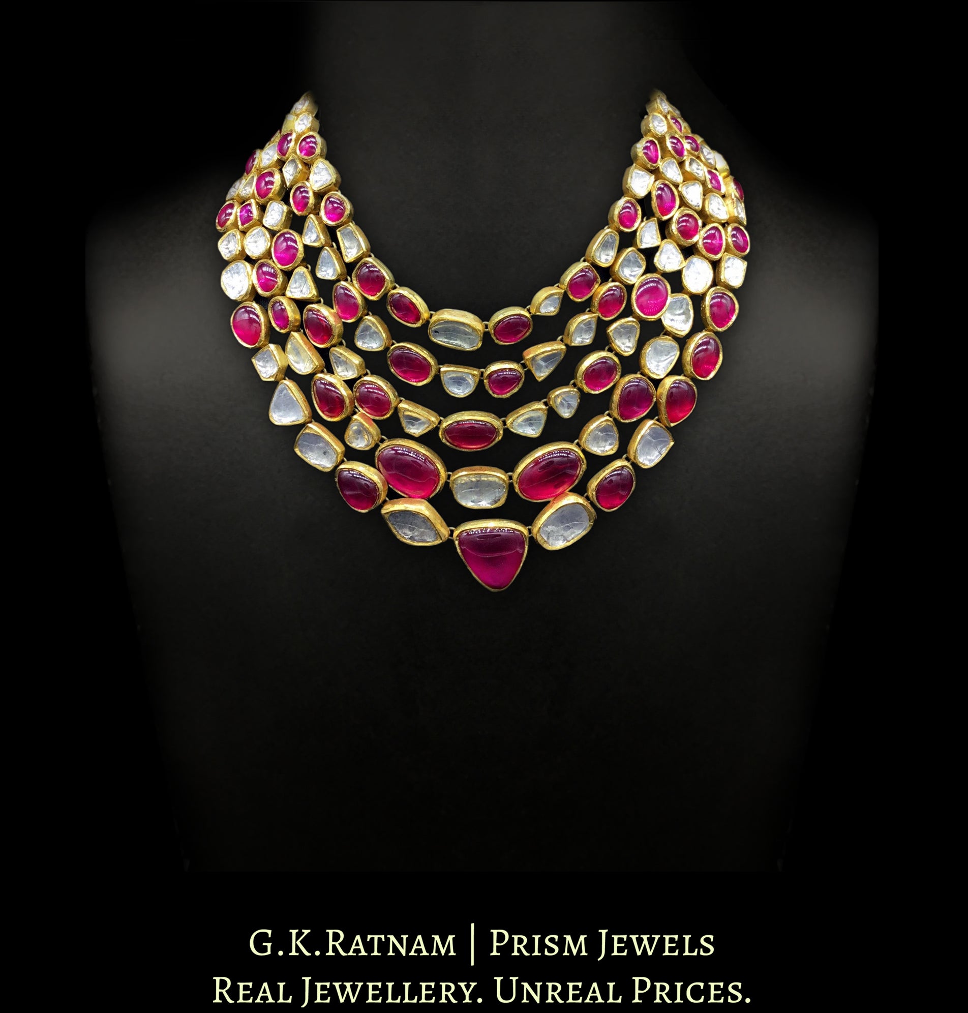 18k Gold and Diamond Polki five-row Necklace with natural rubies and big uncuts