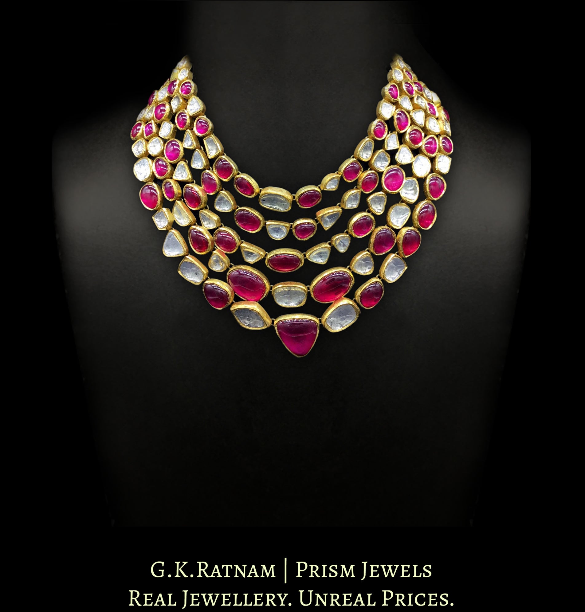 18k Gold and Diamond Polki five-row Necklace with natural rubies and big uncuts - G. K. Ratnam