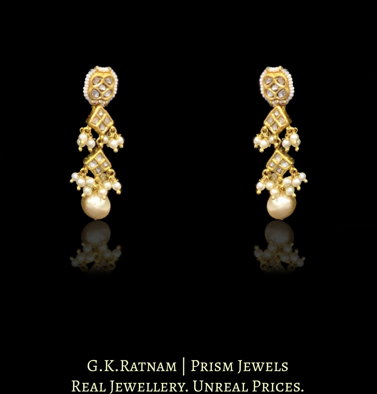 23k Gold and Diamond Polki Necklace Set with pear-shaped Navratna Hangings - G. K. Ratnam