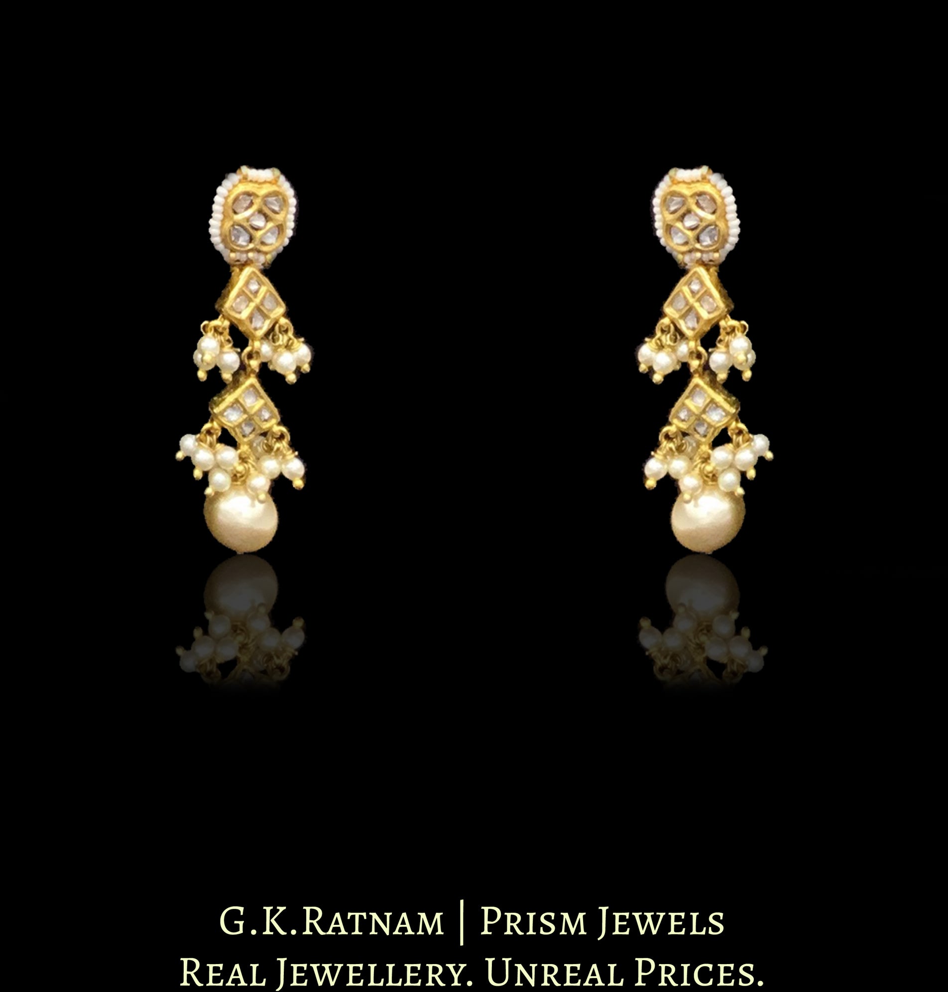 23k Gold and Diamond Polki Necklace Set with pear-shaped Navratna Hangings - G. K. Ratnam