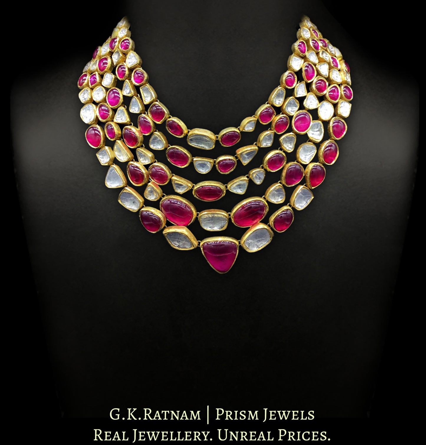 18k Gold and Diamond Polki five-row Necklace with natural rubies and big uncuts - G. K. Ratnam