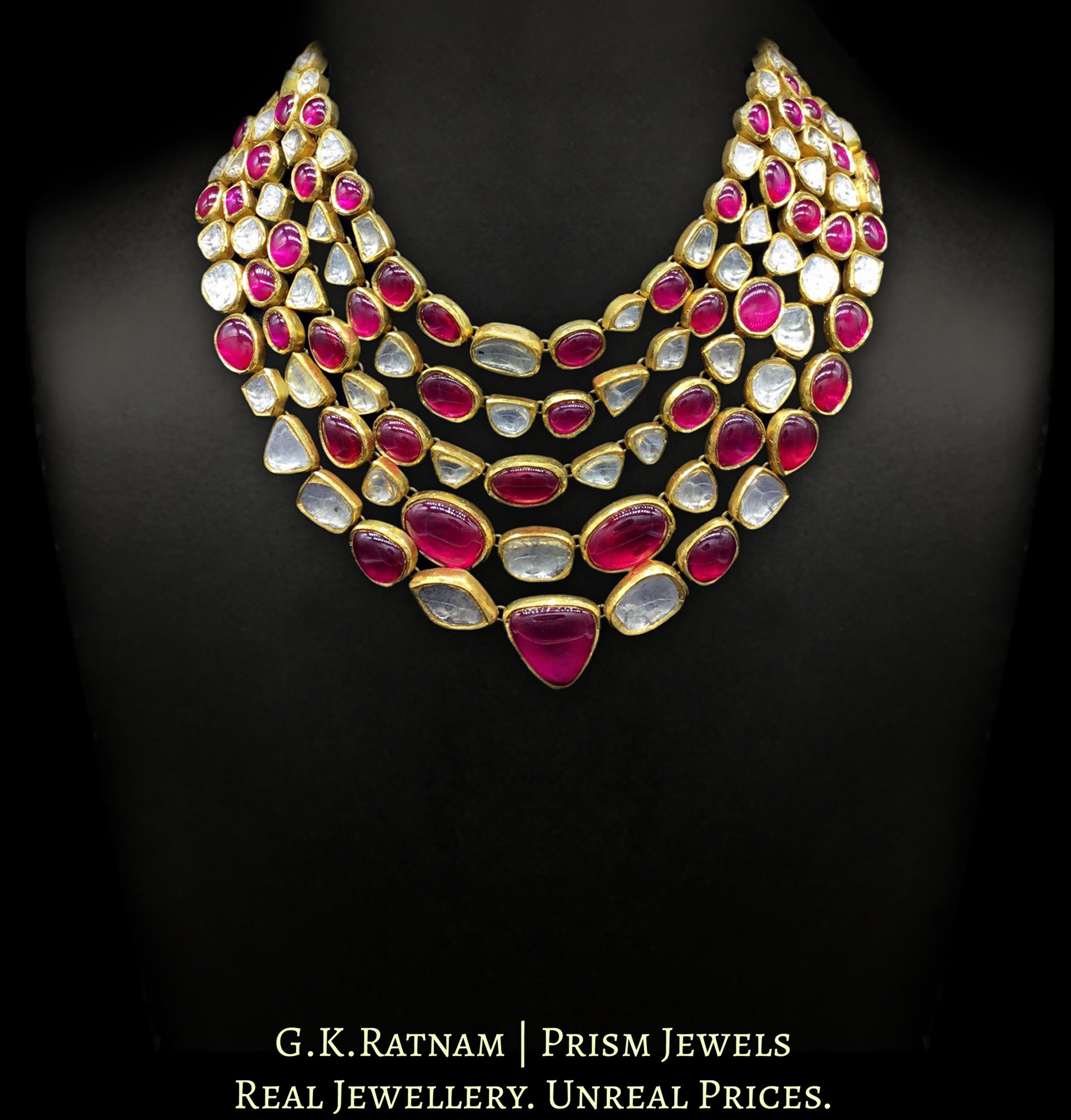 18k Gold and Diamond Polki five-row Necklace with natural rubies and big uncuts - G. K. Ratnam