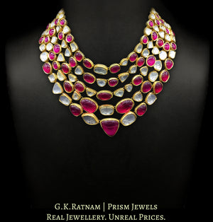18k Gold and Diamond Polki five-row Necklace with natural rubies and big uncuts