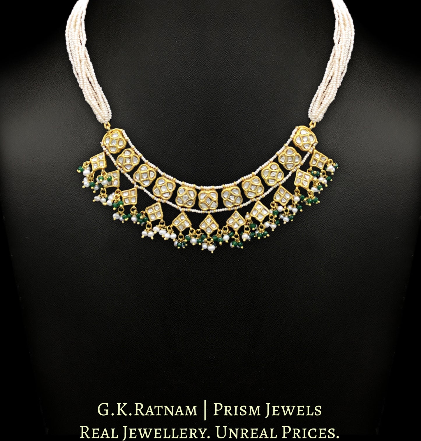 23k Gold and Diamond Polki Half Necklace Set with Natural Hyderabadi Pearls and a hint of Green - G. K. Ratnam