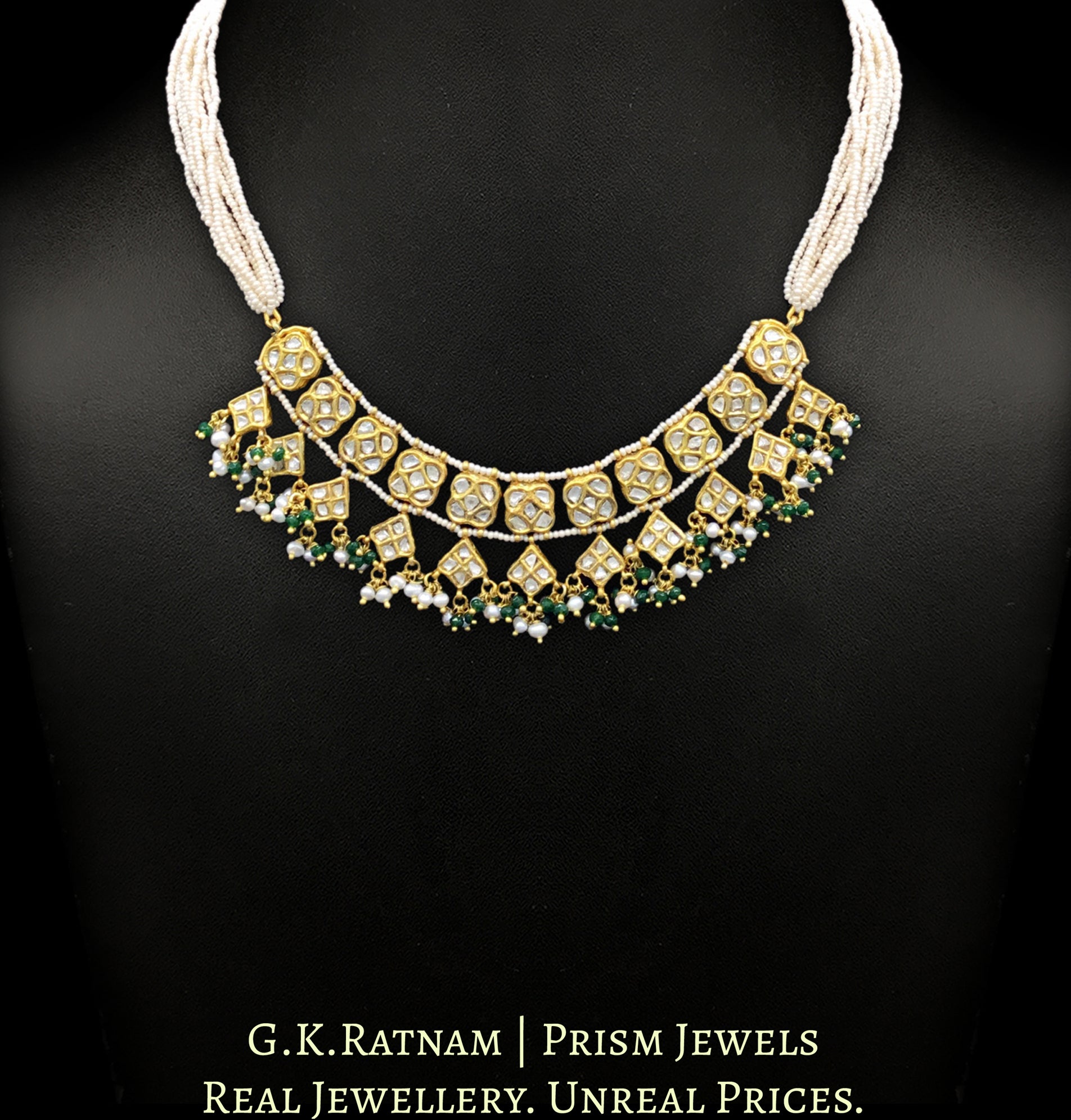 23k Gold and Diamond Polki Half Necklace Set with Natural Hyderabadi Pearls and a hint of Green - G. K. Ratnam