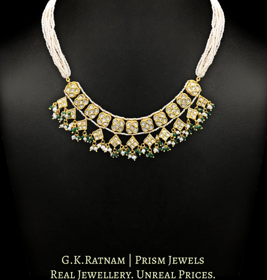 23k Gold and Diamond Polki Half Necklace Set with Natural Hyderabadi Pearls and a hint of Green - G. K. Ratnam