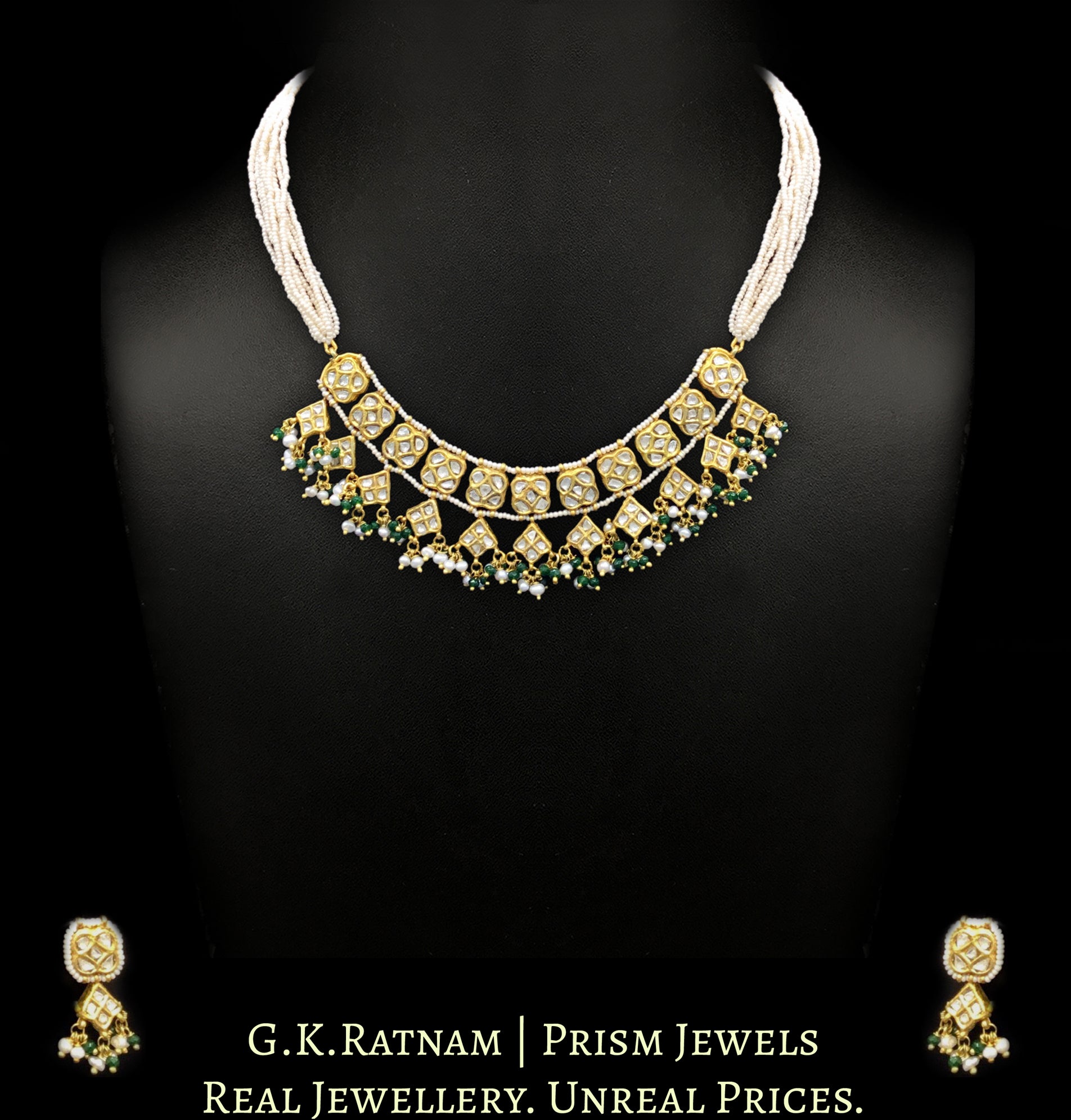 23k Gold and Diamond Polki Half Necklace Set with Natural Hyderabadi Pearls and a hint of Green - G. K. Ratnam