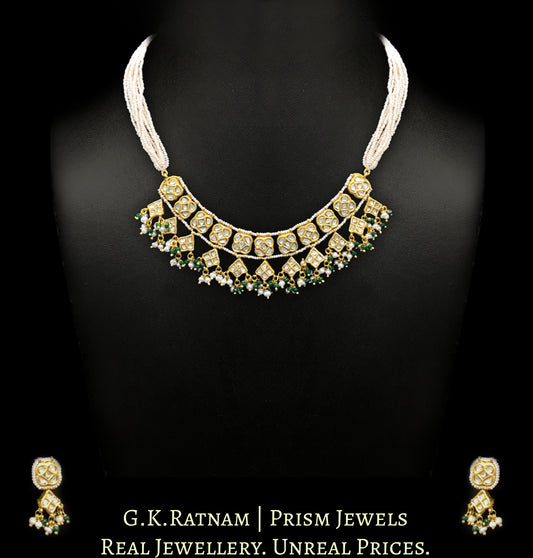 23k Gold and Diamond Polki Half Necklace Set with Natural Hyderabadi Pearls and a hint of Green - G. K. Ratnam