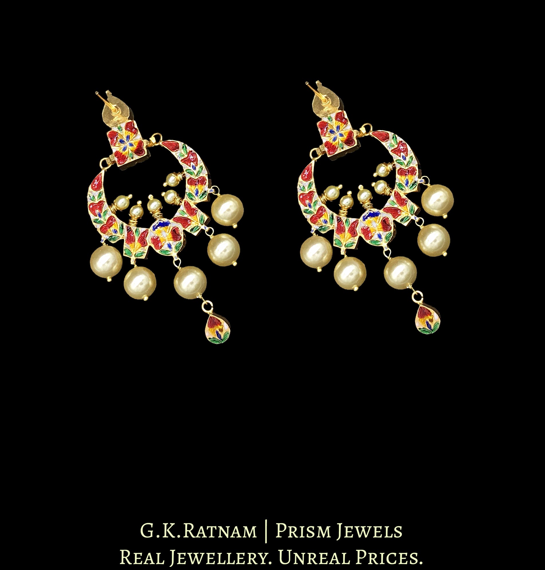 18k Gold and Diamond Polki Chand Bali Earring Pair with a hint of green meenakari - G. K. Ratnam