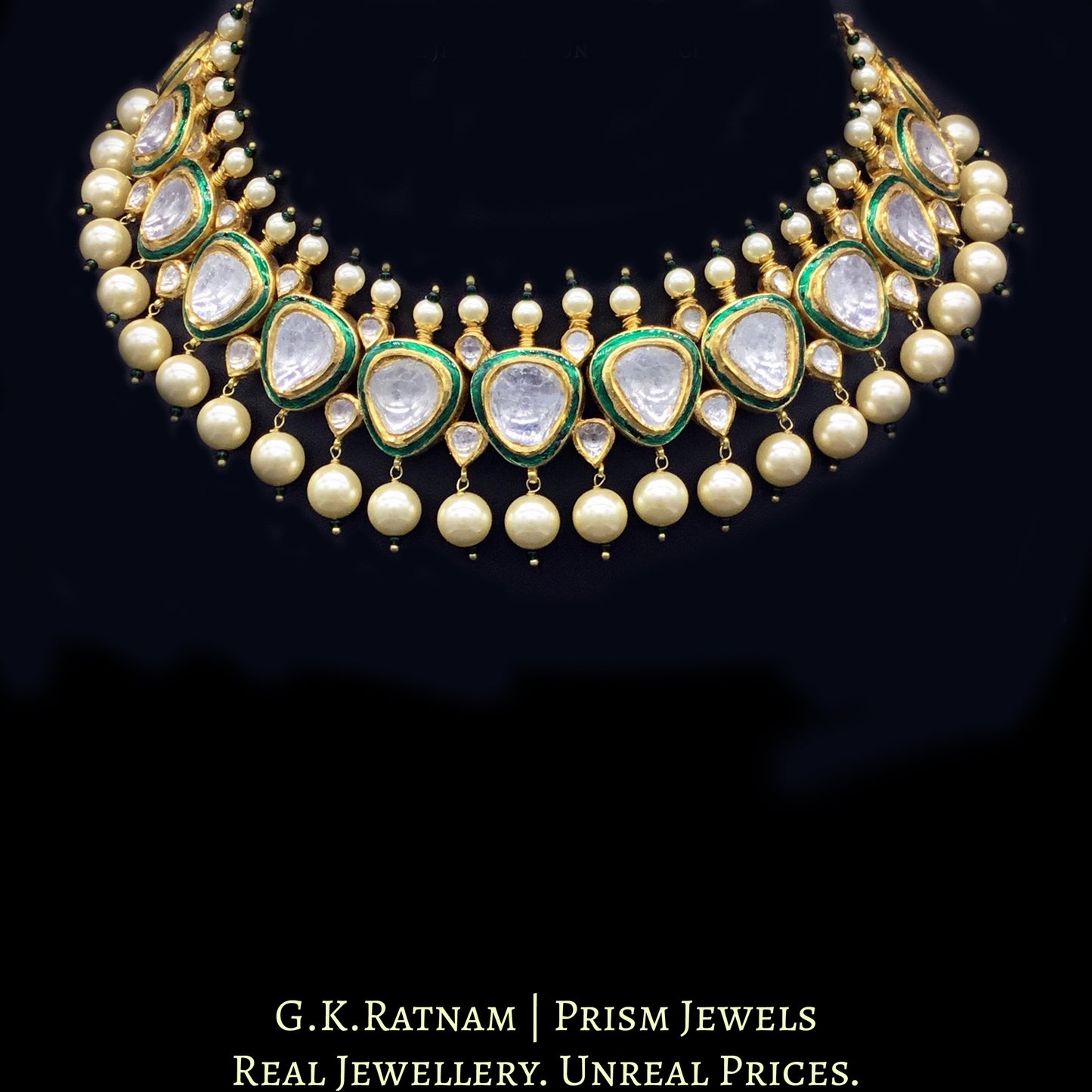 18k Gold and Diamond Polki green-enamel Necklace Set with big uncut diamonds