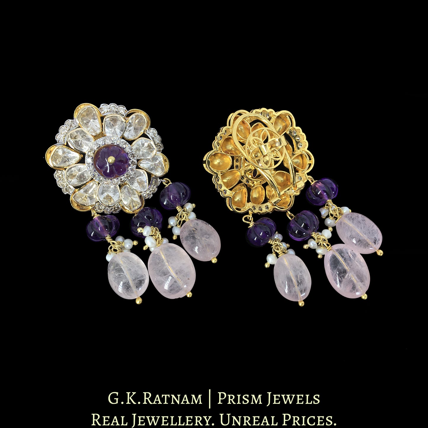 14k Gold and Diamond Polki Open Setting Choker Necklace Set with Rose Quartz and Amethysts