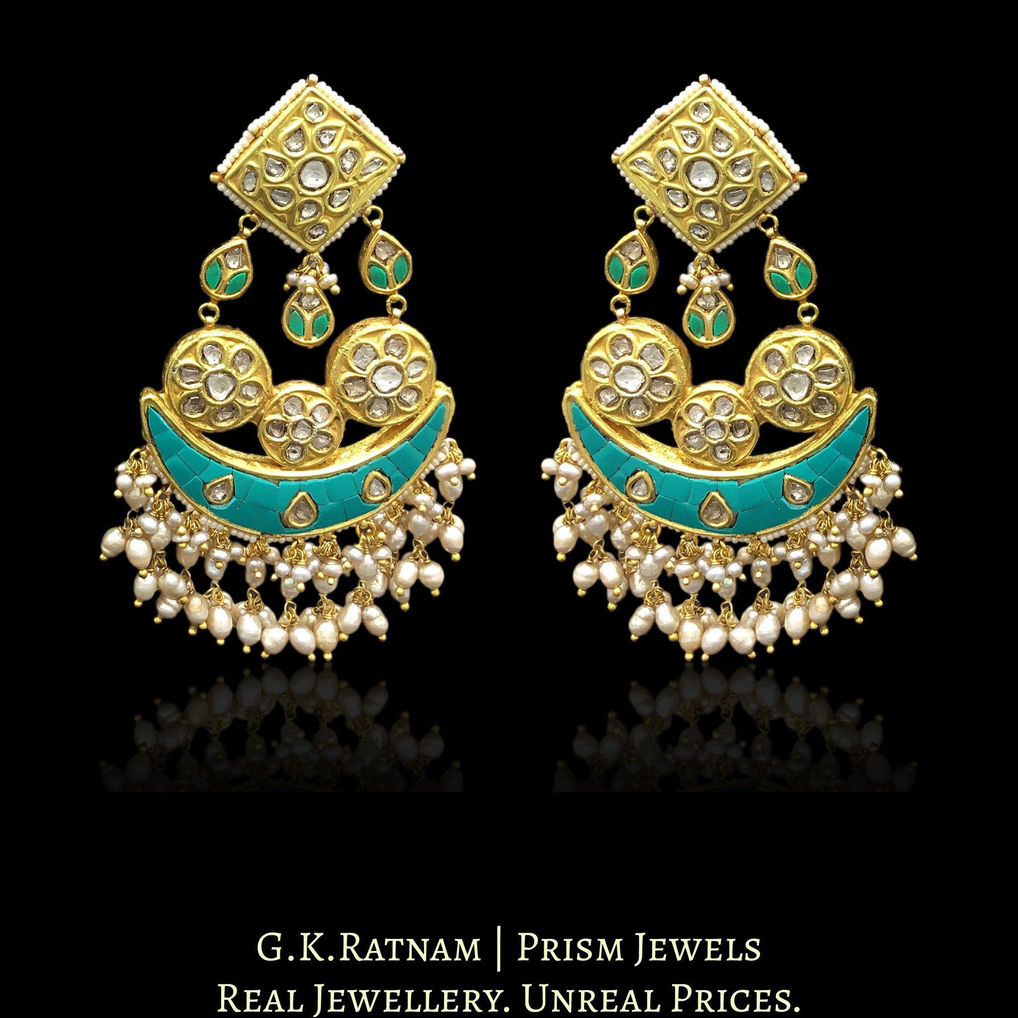 23k Gold and Diamond Polki Chandelier Earring Pair with Turquoise - G. K. Ratnam