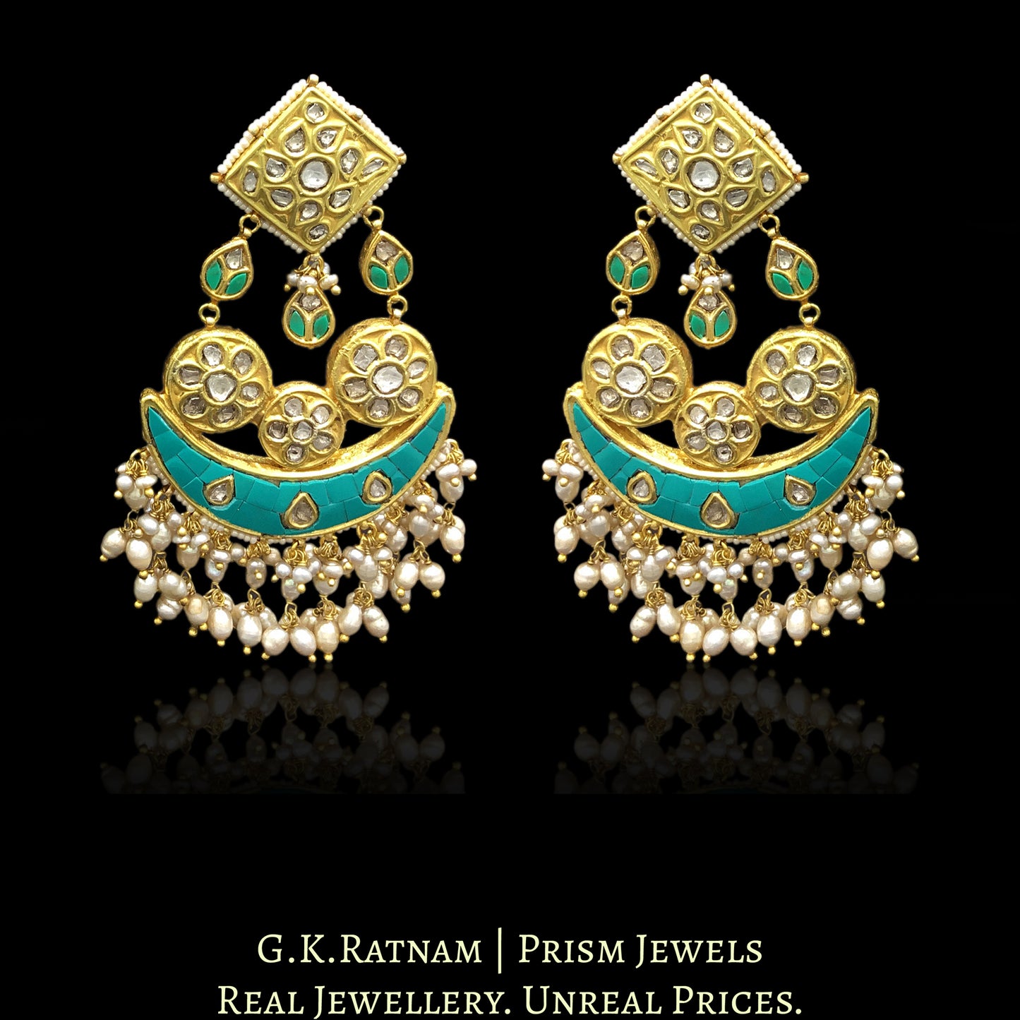 23k Gold and Diamond Polki Chandelier Earring Pair with Turquoise - G. K. Ratnam