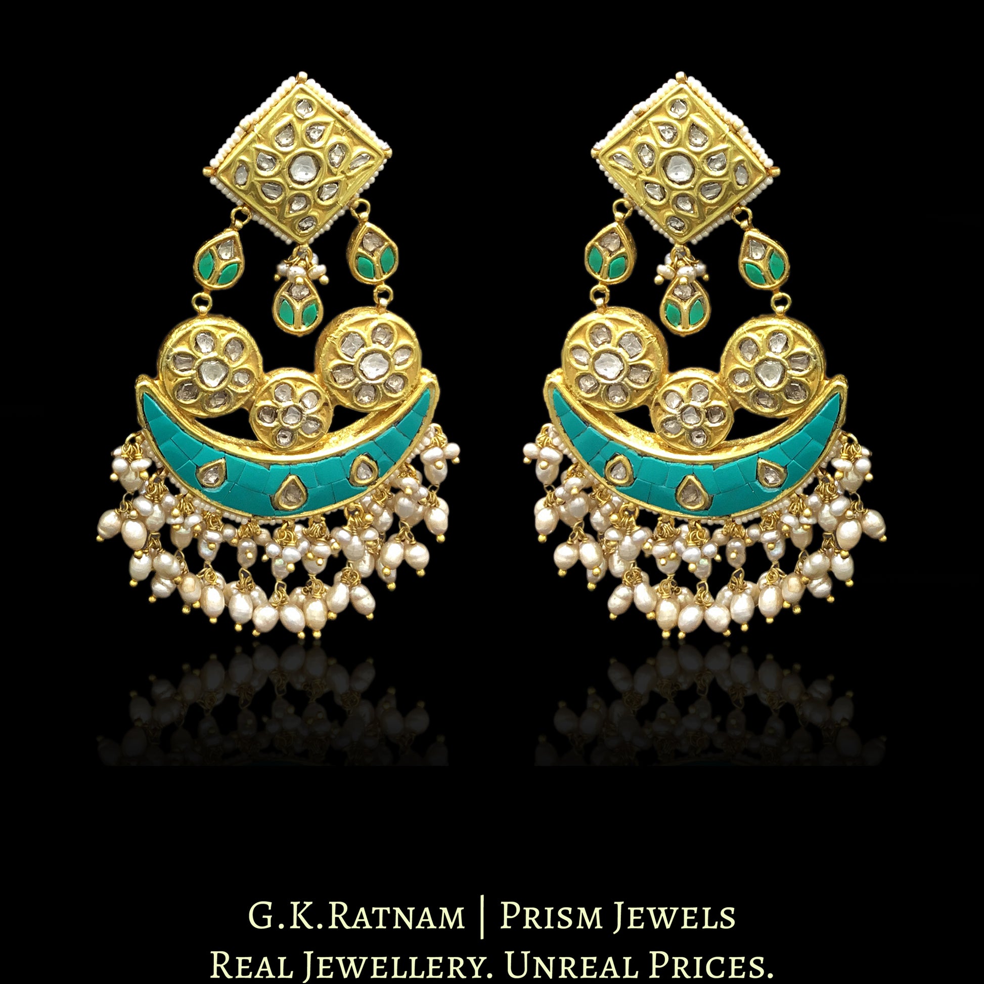 23k Gold and Diamond Polki Chandelier Earring Pair with Turquoise - G. K. Ratnam