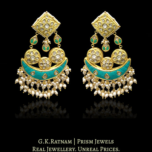 23k Gold and Diamond Polki Chandelier Earring Pair with Turquoise - G. K. Ratnam