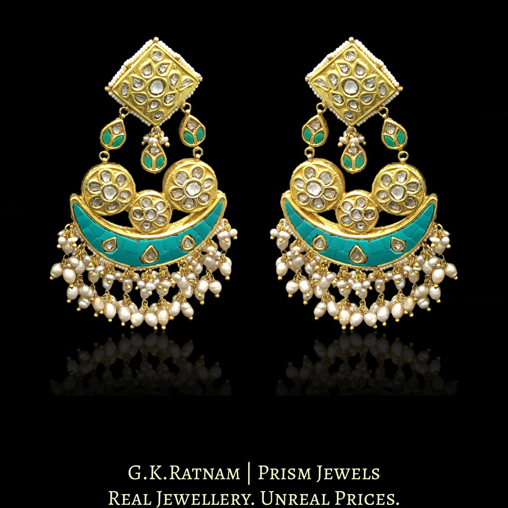 23k Gold and Diamond Polki Chandelier Earring Pair with Turquoise - G. K. Ratnam