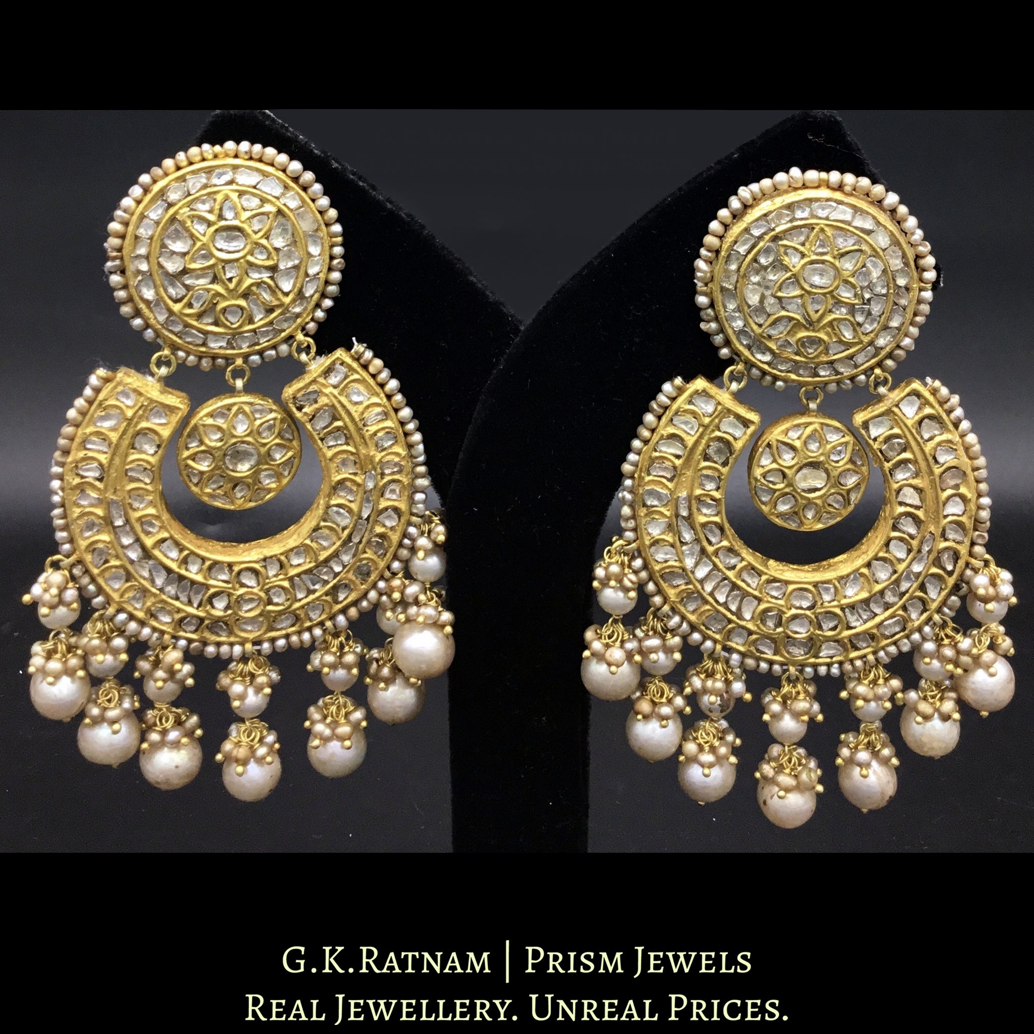 23k Gold and Diamond Polki Broad Chand Bali Earring pair