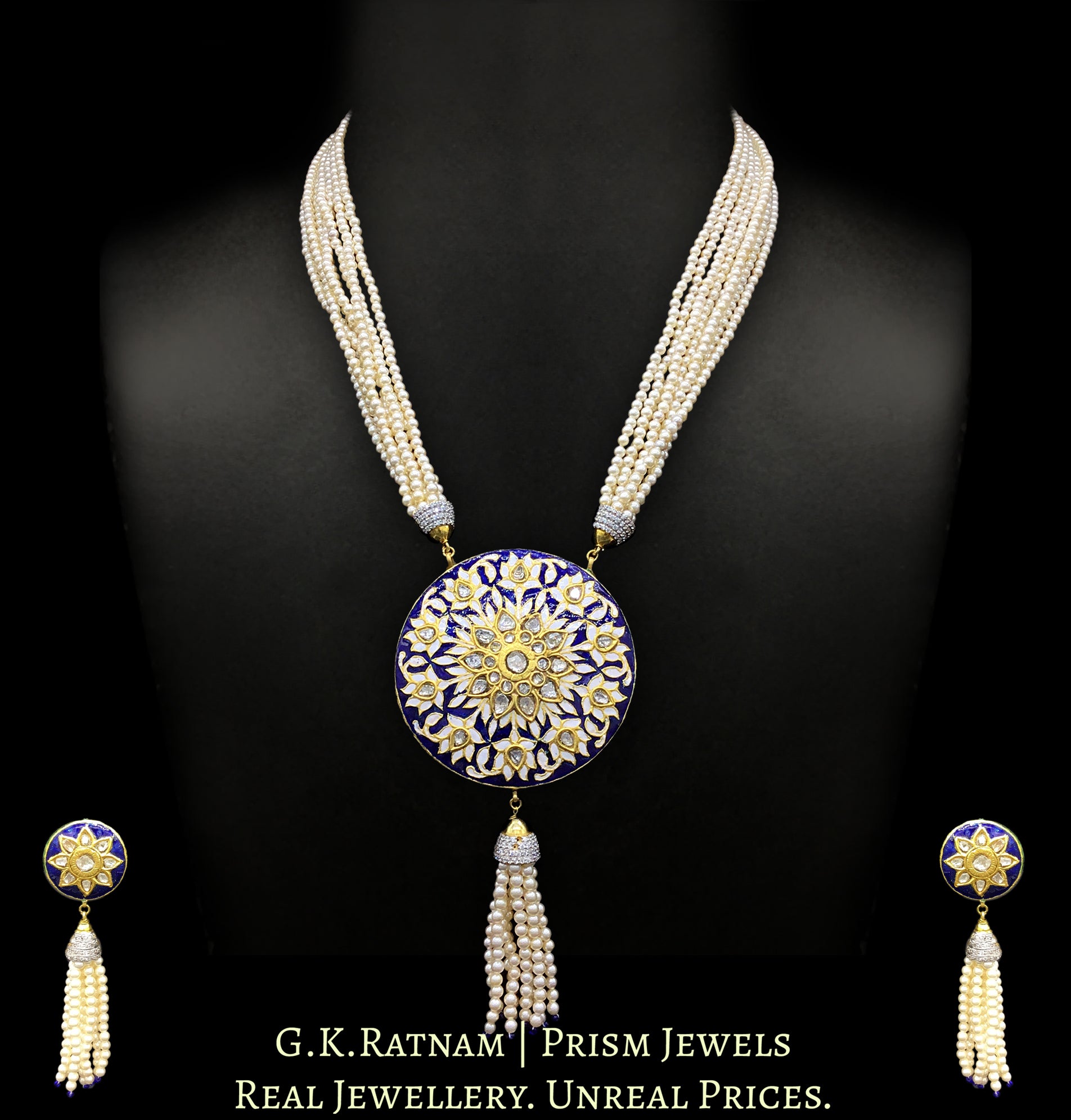 23k Gold and Diamond Polki round Pendant Set with blue enamelling and silver zircon caps - G. K. Ratnam