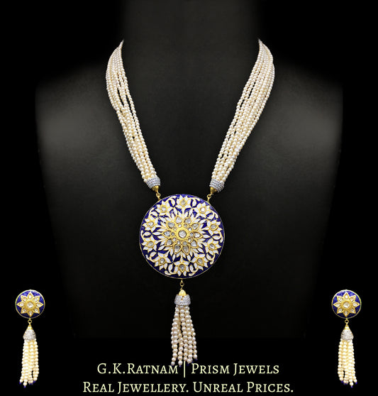 23k Gold and Diamond Polki round Pendant Set with blue enamelling and silver zircon caps - G. K. Ratnam