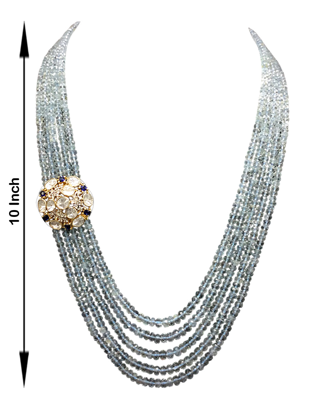 14k Gold and Diamond Polki Open Setting Broach Necklace Set with Aquamarine beads