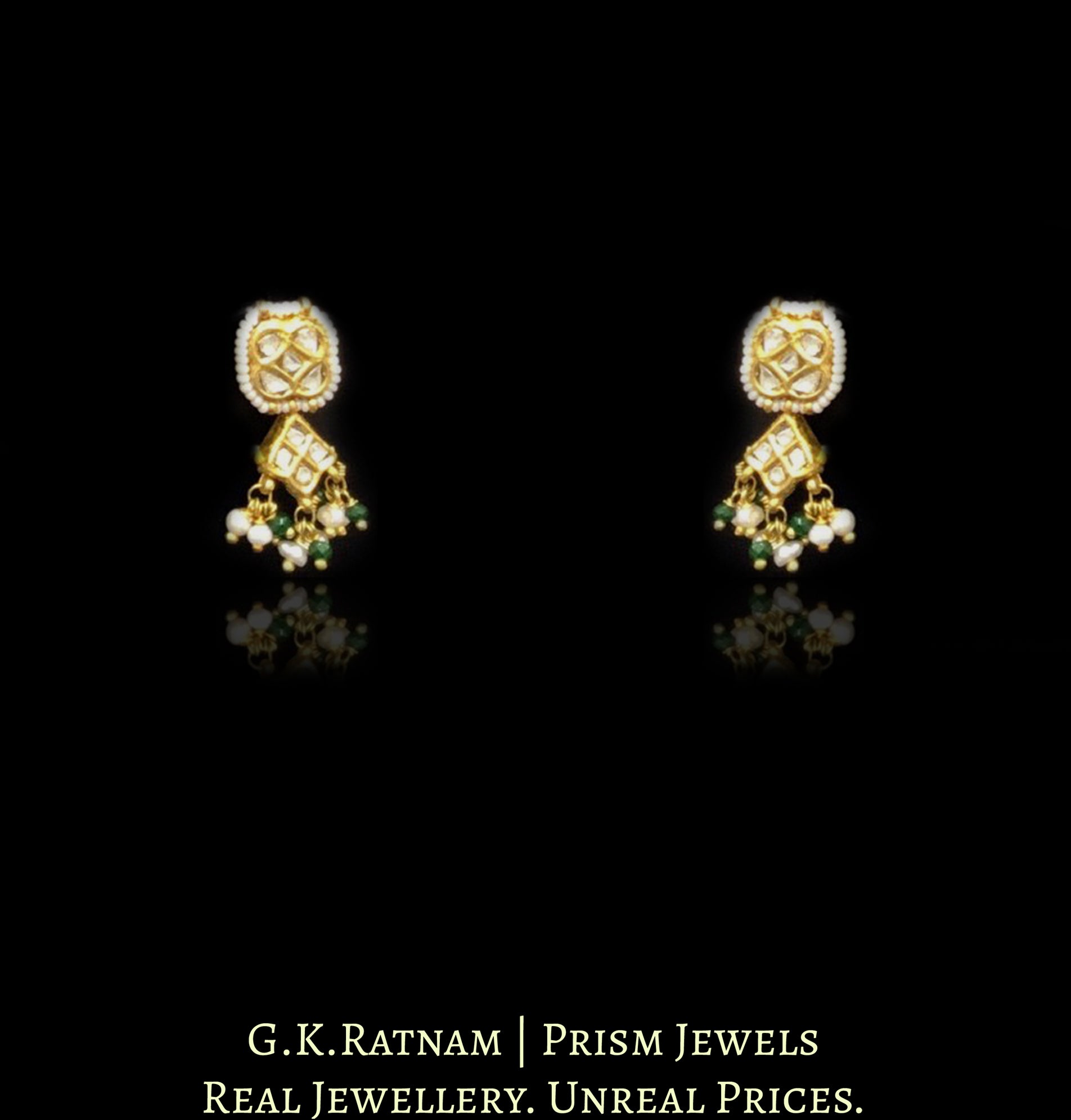 23k Gold and Diamond Polki Half Necklace Set with Natural Hyderabadi Pearls and a hint of Green - G. K. Ratnam