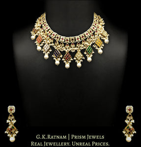 22k Gold and Diamond Polki Navratna Necklace Set with lustrous pearl clusters