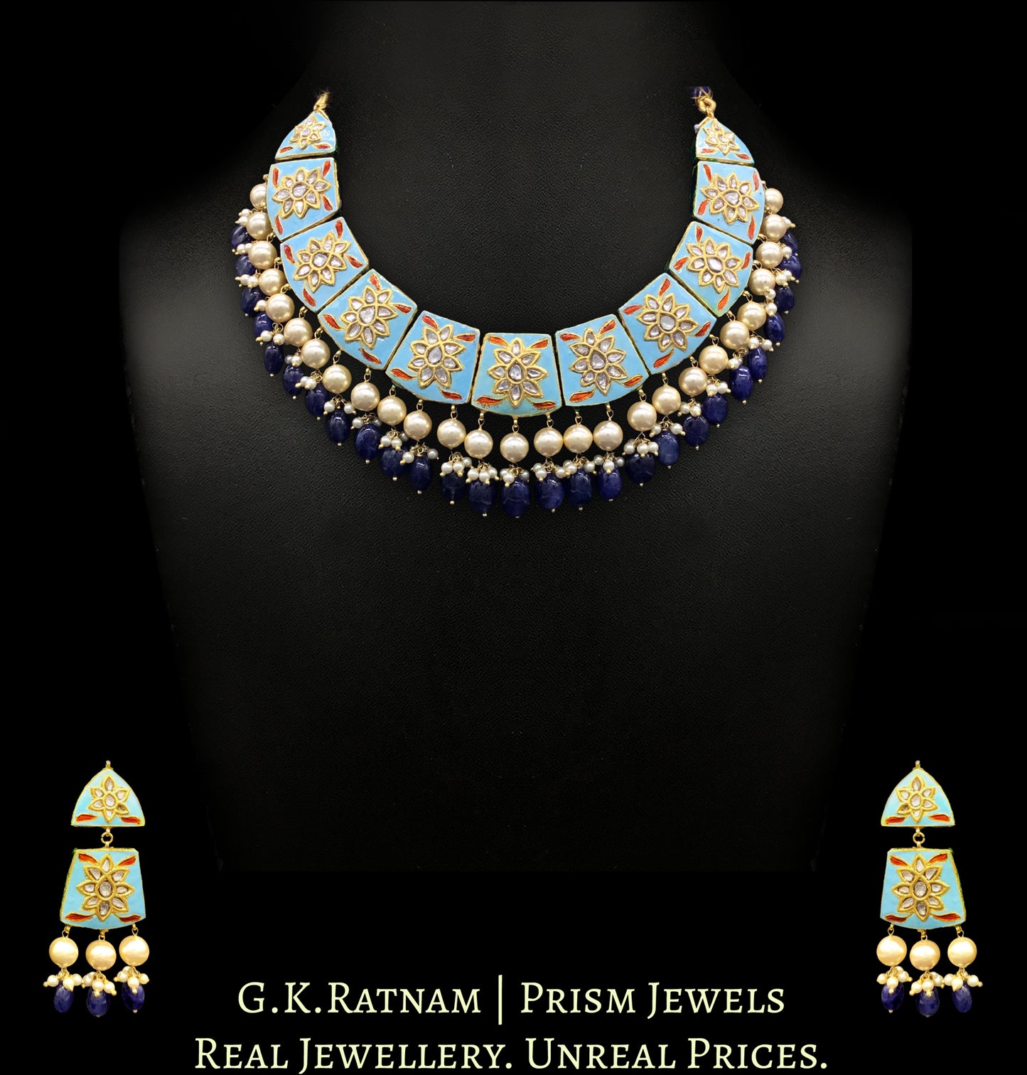 23k Gold and Diamond Polki firoza Necklace Set with natural blue sapphires - G. K. Ratnam