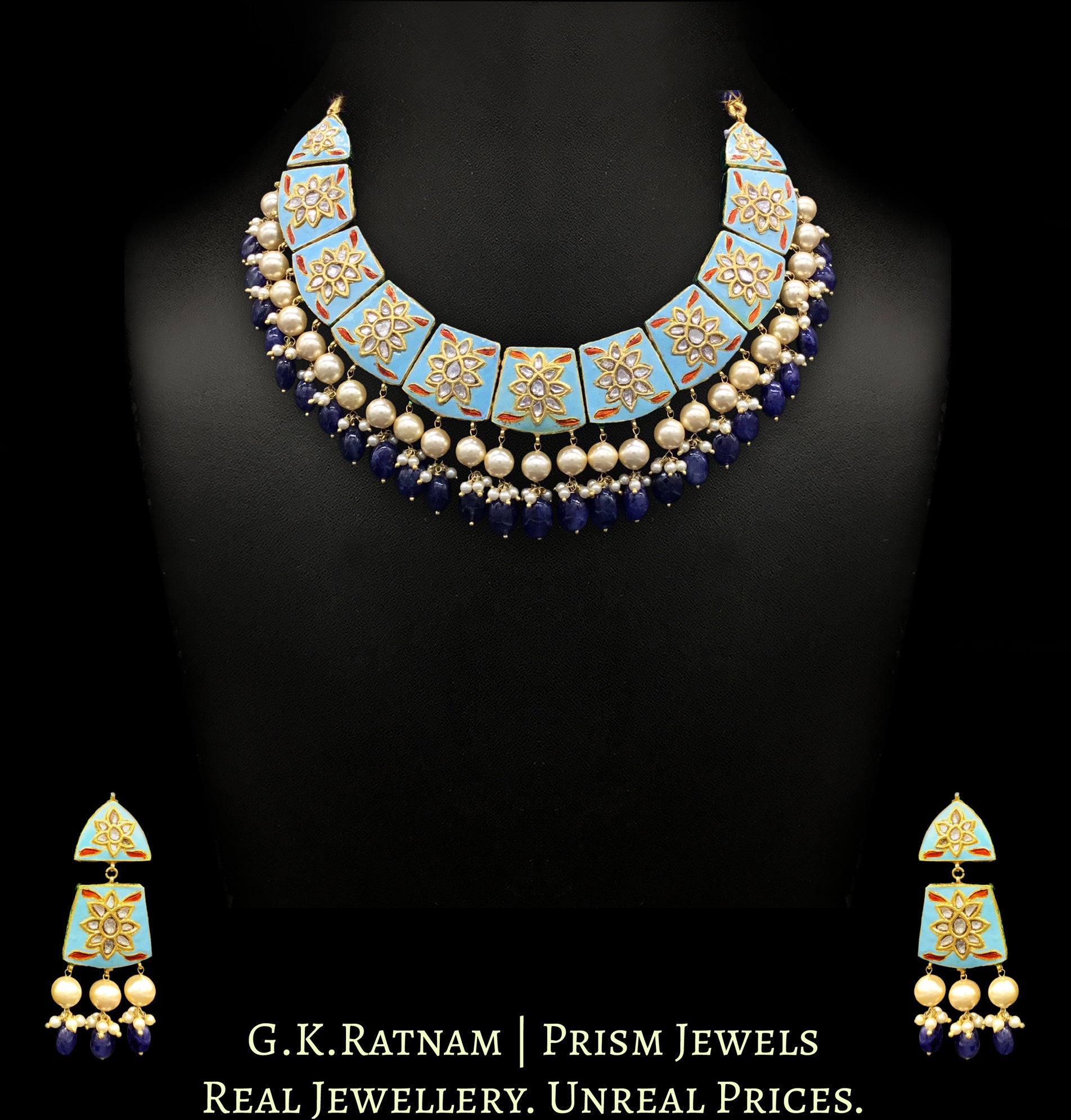23k Gold and Diamond Polki firoza Necklace Set with natural blue sapphires - G. K. Ratnam