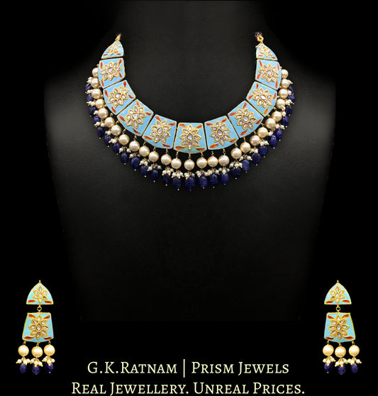 23k Gold and Diamond Polki firoza Necklace Set with natural blue sapphires - G. K. Ratnam