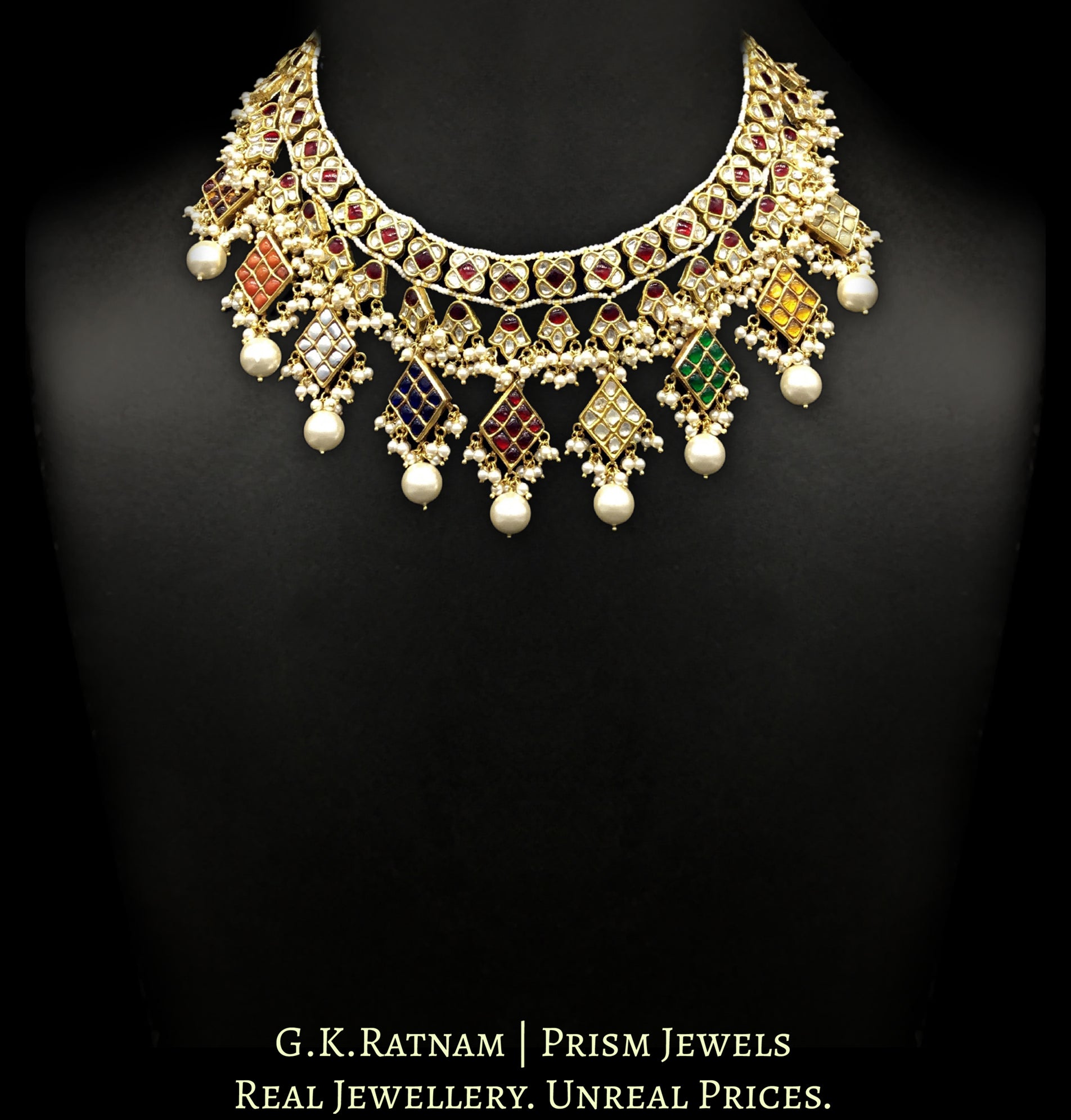 22k Gold and Diamond Polki Navratna Necklace Set with lustrous pearl clusters