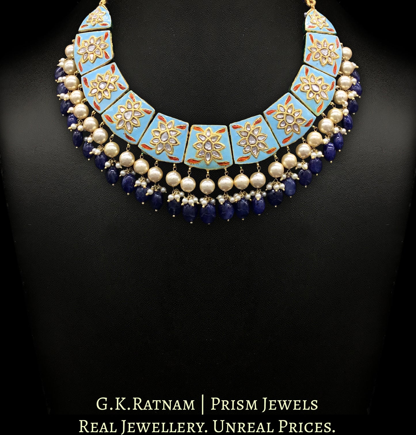 23k Gold and Diamond Polki firoza Necklace Set with natural blue sapphires - G. K. Ratnam