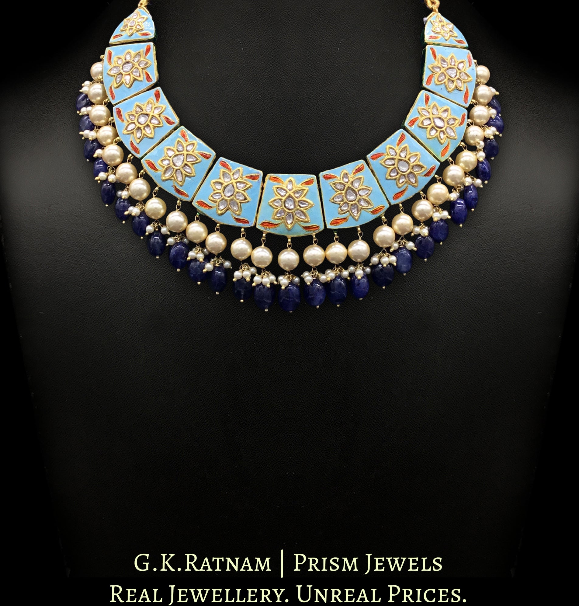 23k Gold and Diamond Polki firoza Necklace Set with natural blue sapphires - G. K. Ratnam