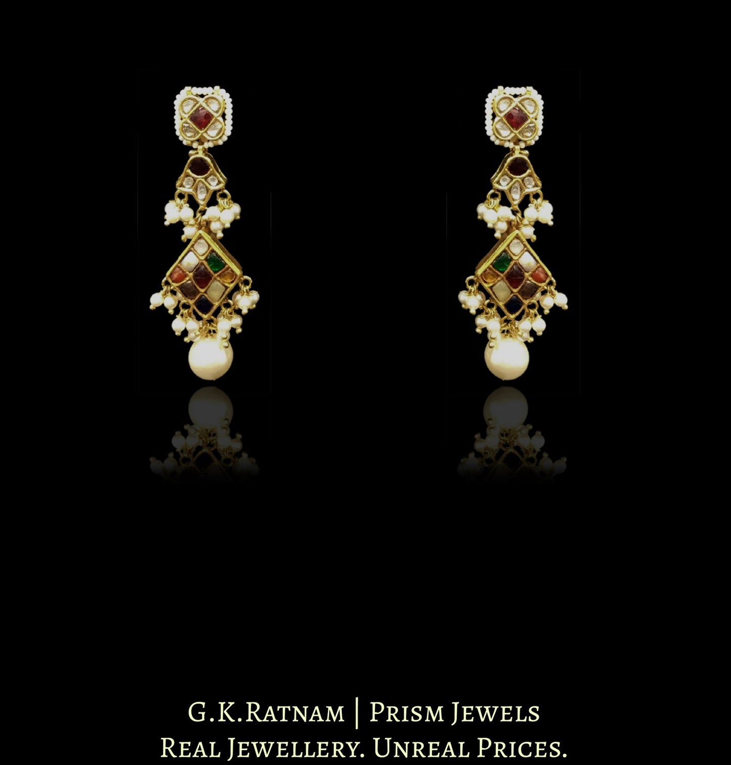 22k Gold and Diamond Polki Navratna Necklace Set with lustrous pearl clusters