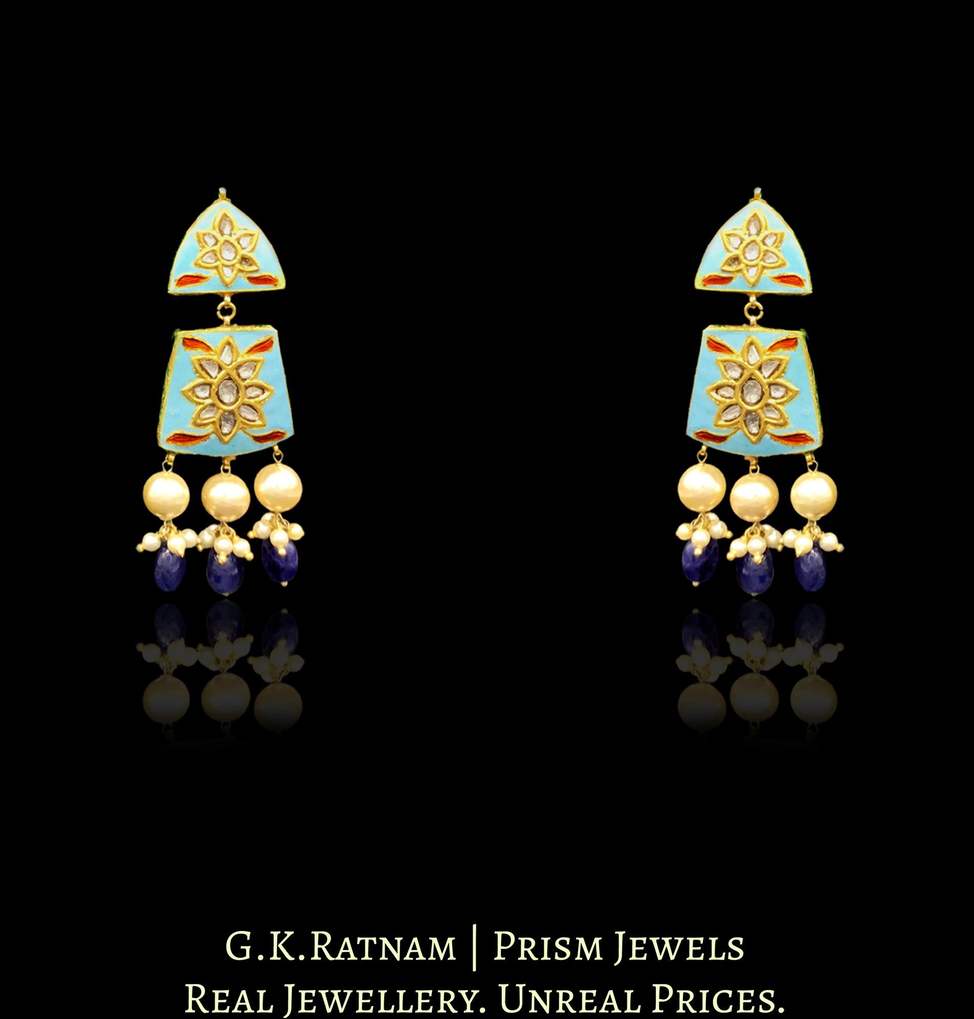 23k Gold and Diamond Polki firoza Necklace Set with natural blue sapphires - G. K. Ratnam