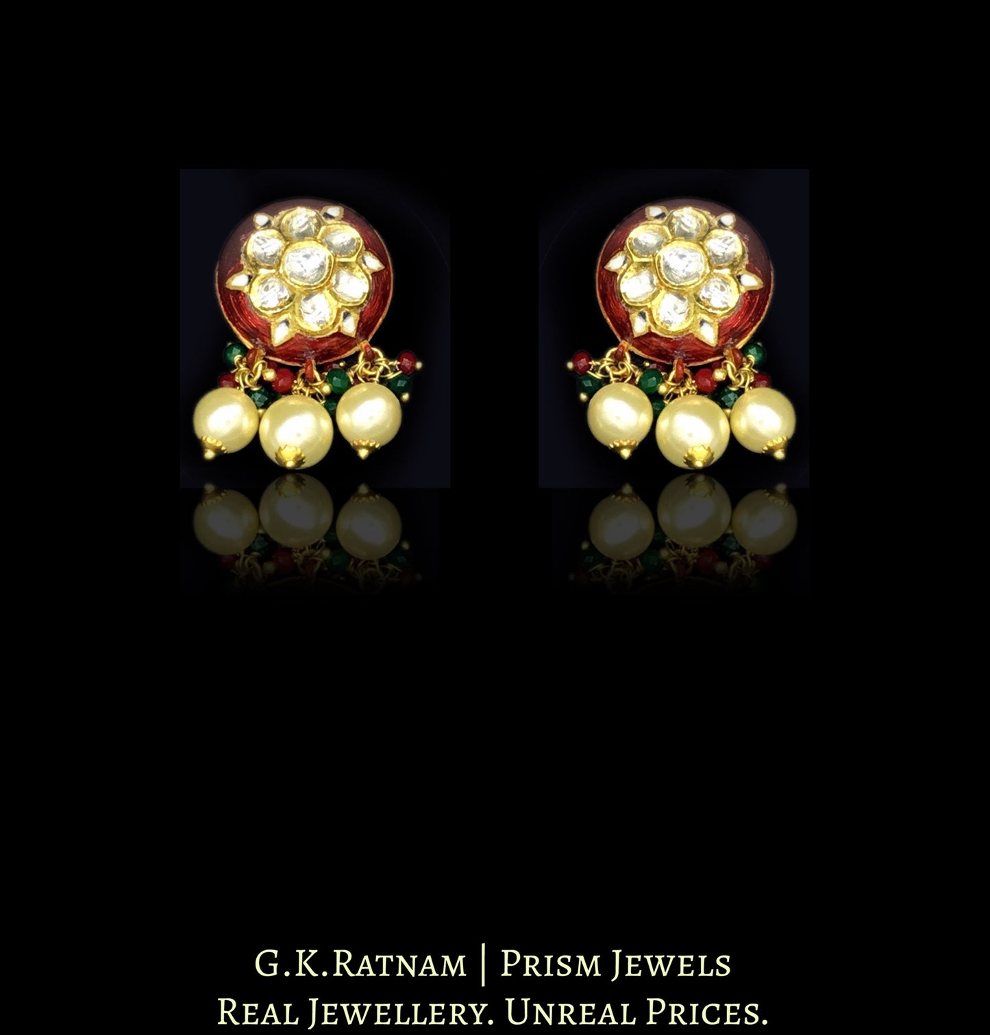 22k Gold and Diamond Polki Hustlie Necklace Set with bright red enamelling