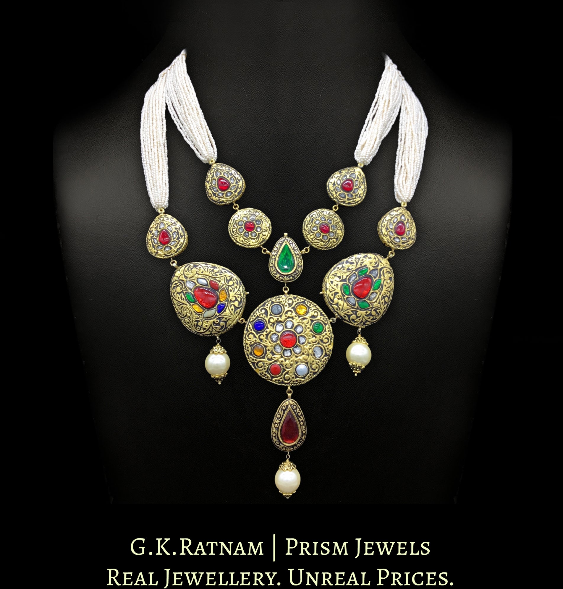 23k Gold and Diamond Polki hybrid Antique Navratna Necklace with tiny chid pearls - G. K. Ratnam