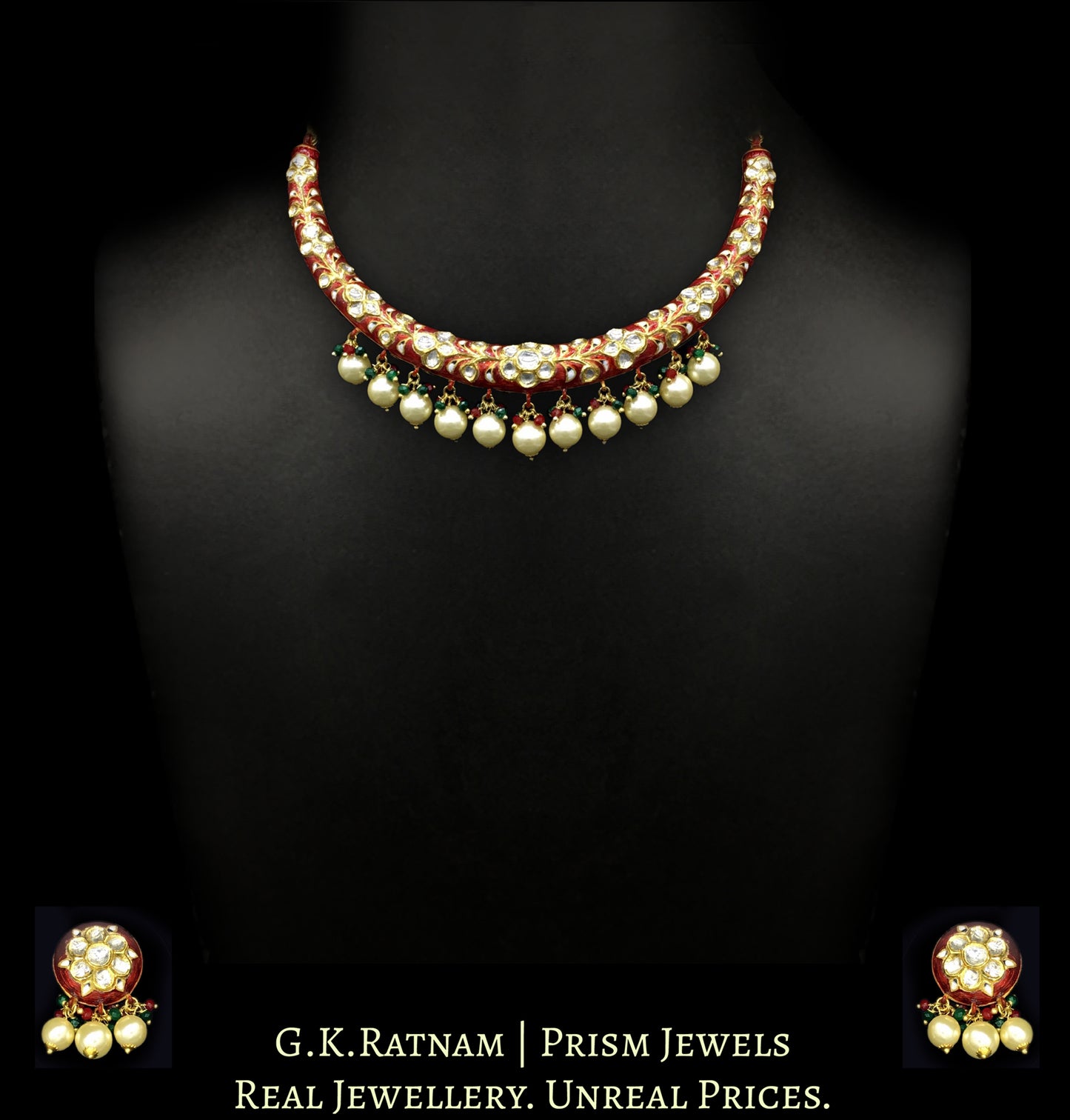 22k Gold and Diamond Polki Hustlie Necklace Set with bright red enamelling