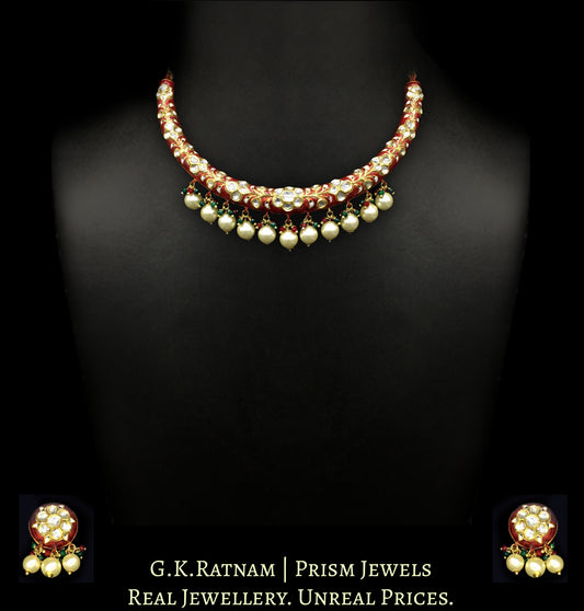 22k Gold and Diamond Polki Hustlie Necklace Set with bright red enamelling
