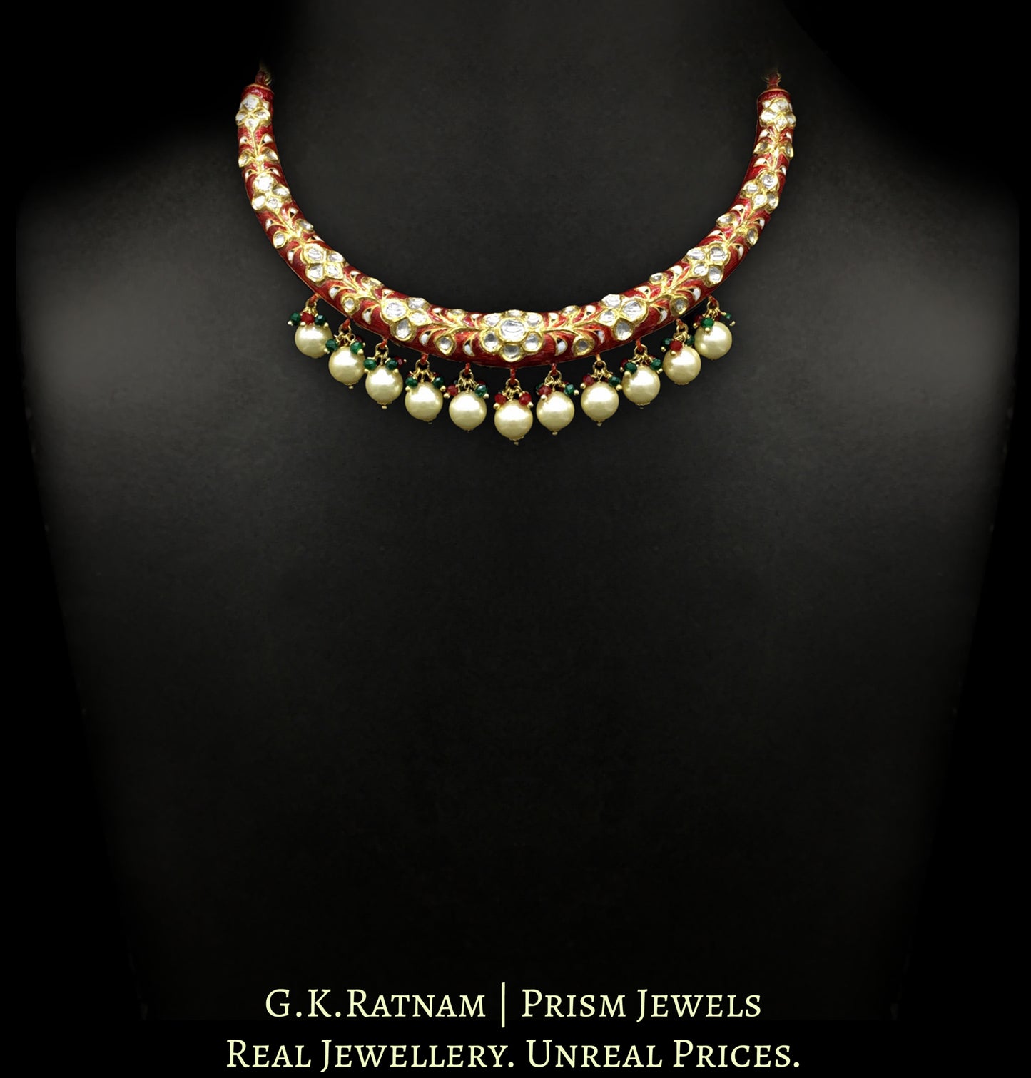 22k Gold and Diamond Polki Hustlie Necklace Set with bright red enamelling